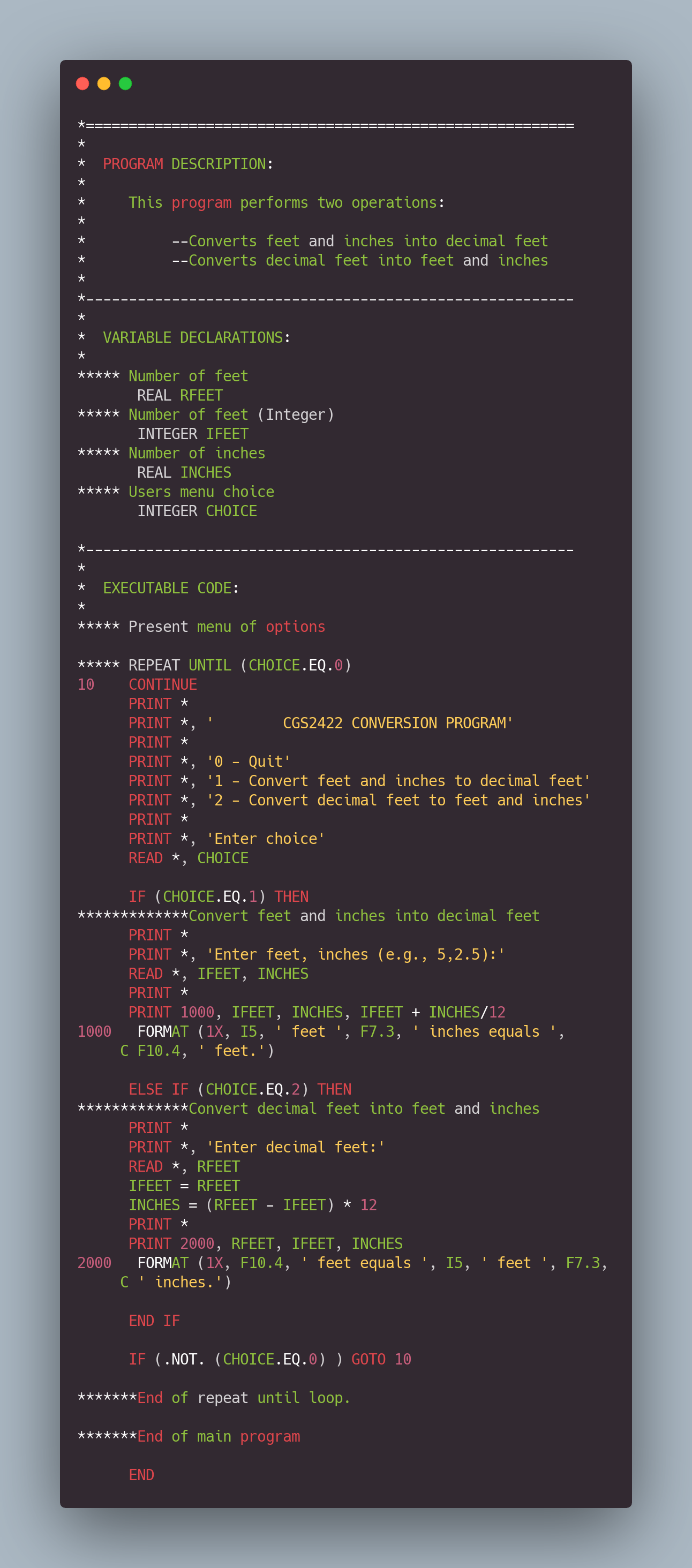 The first Fortran program I ever wrote (Jan. 1997).